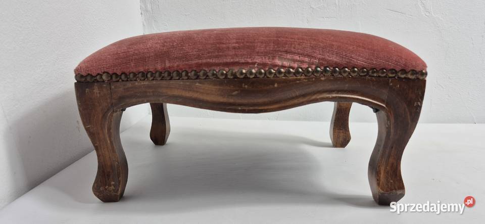 Stylowy Podnóżek Vintage Różowy Welur Drewno Biłgoraj