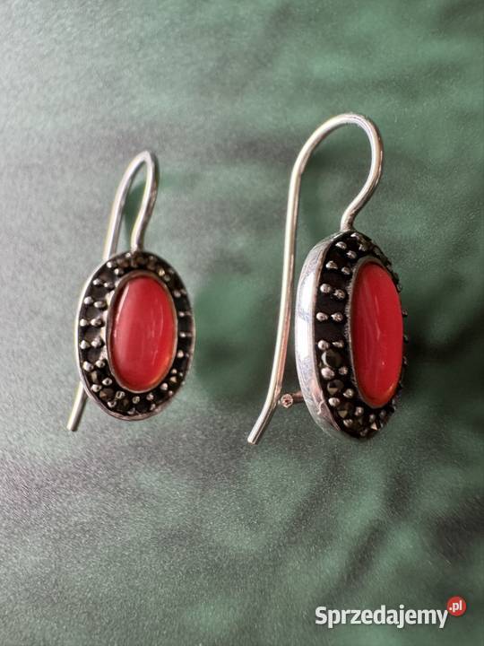 Kolczyki srebrne z markazytami z koralem srebro śląskie