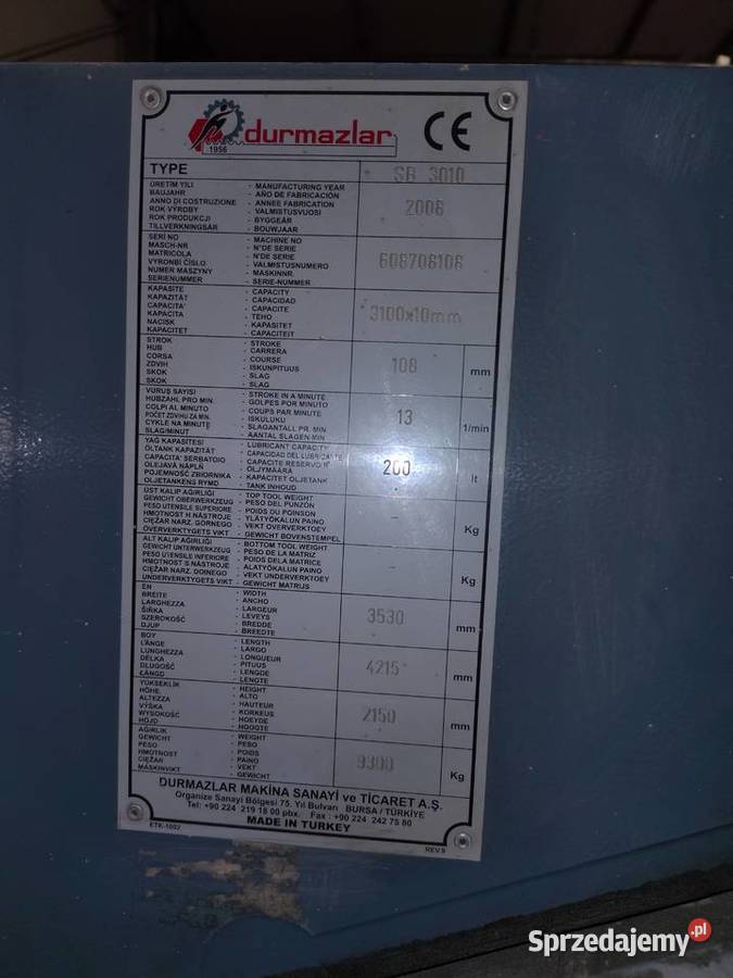 Nożyce Gilotynowe Durma SB 3010 Produkcja wielkopolskie Rawicz