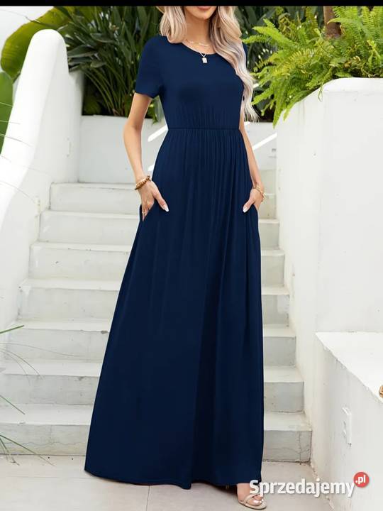Granatowa długa luźna sukienka 4446 Piastów
