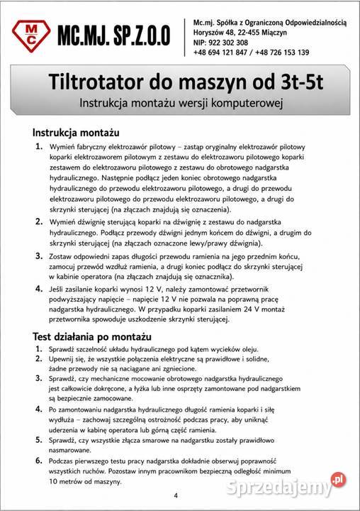 Głowica Tiltarotator do koparki 36t Biłgoraj sprzedam