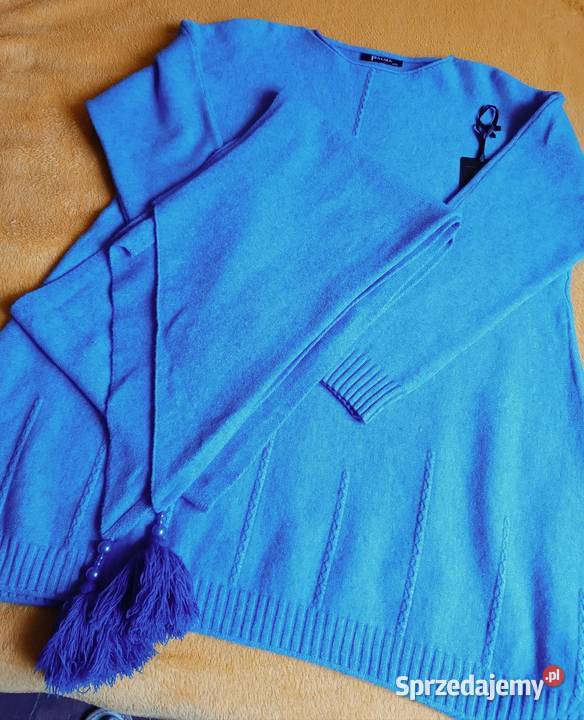 Niebieska tunika sweterek z ozdobnym szalem Cieszyn