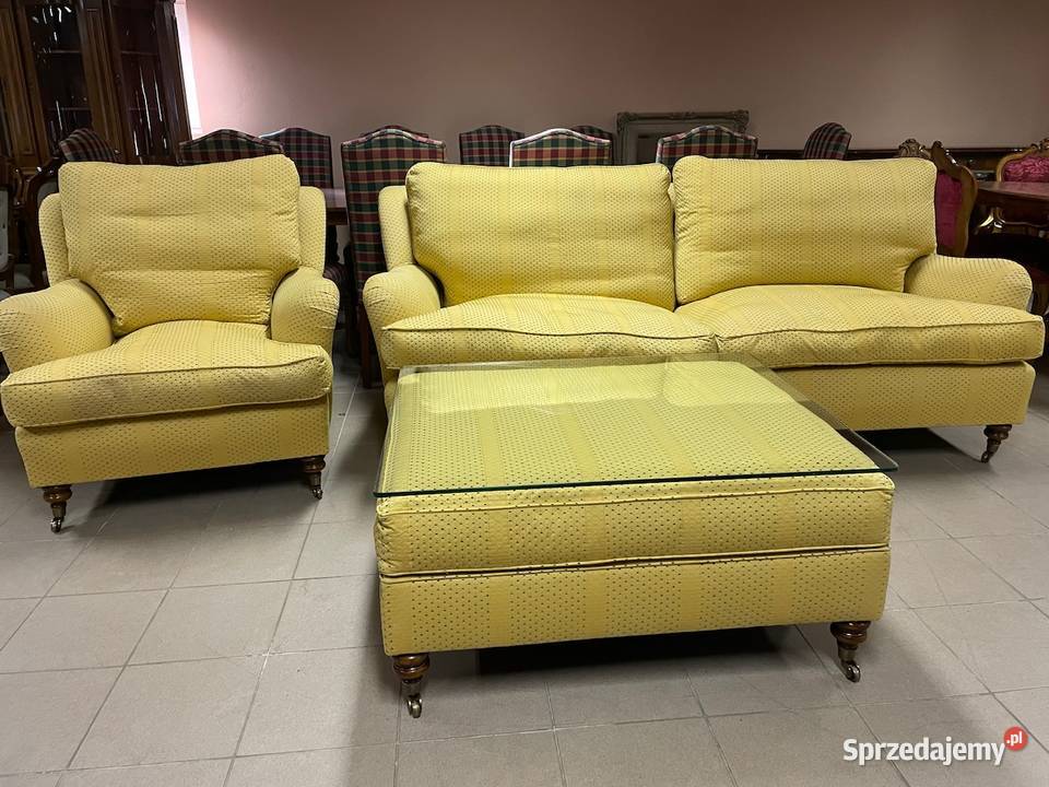 Piękny Angielski Komplet Wypoczynkowy Sofa Fotel Puf/ława