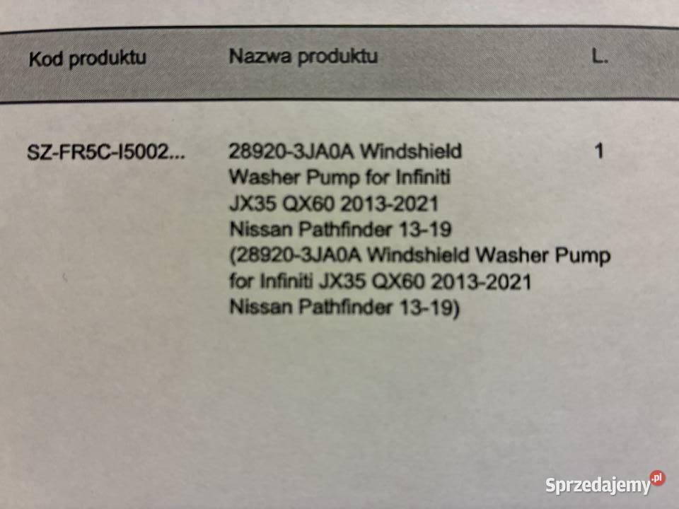 Pompa spryskiwacza przedniej szyby do Infiniti osobowe lubelskie sprzedam