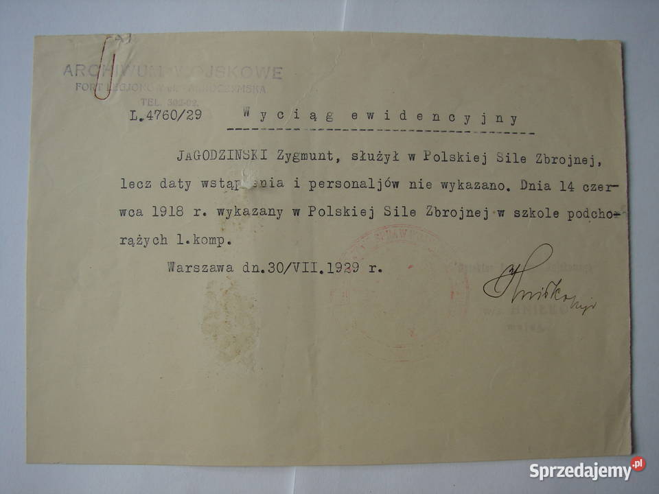 por Z Jagodziński PSZ ur Radomin Komendant POW Warszawa sprzedam