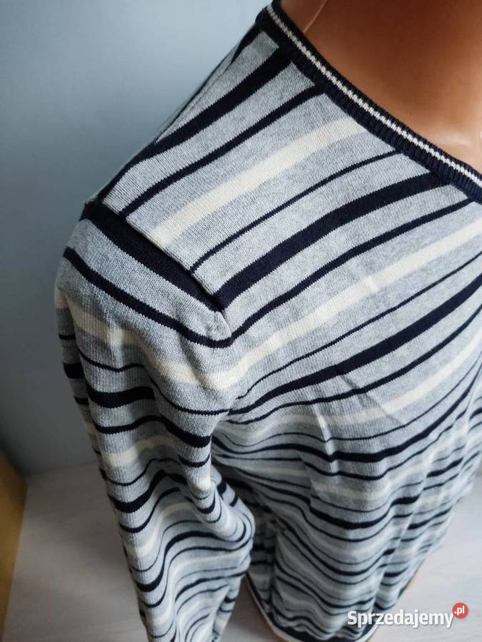 Sweter serek Springfield w paski szaro kremowo opolskie