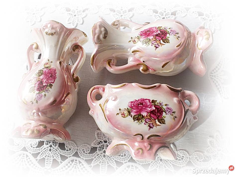 Stary porcelanowy komplet różowy kwiaty Śliczny Żary