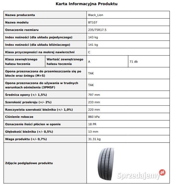 Opona naczepowa 23575 R175 BlackLion BT107 Nowa sprzedam