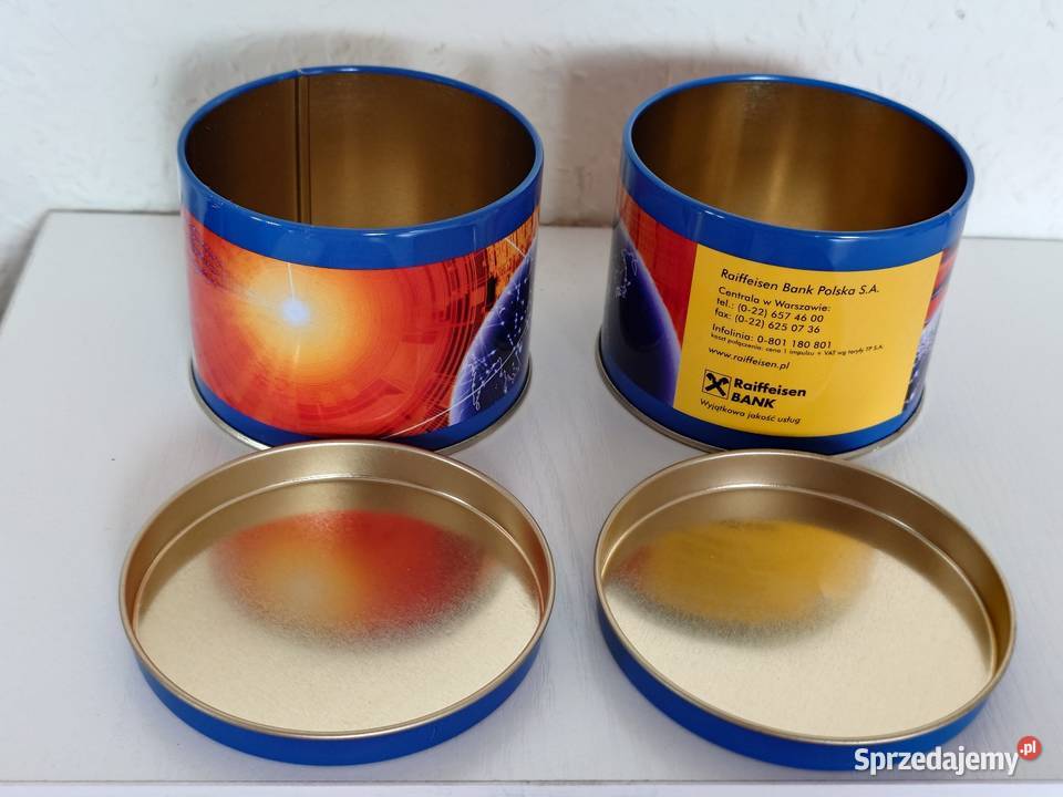 Kpl 2 puszki metalowe reklamowe logo Raiffeisen Warszawa
