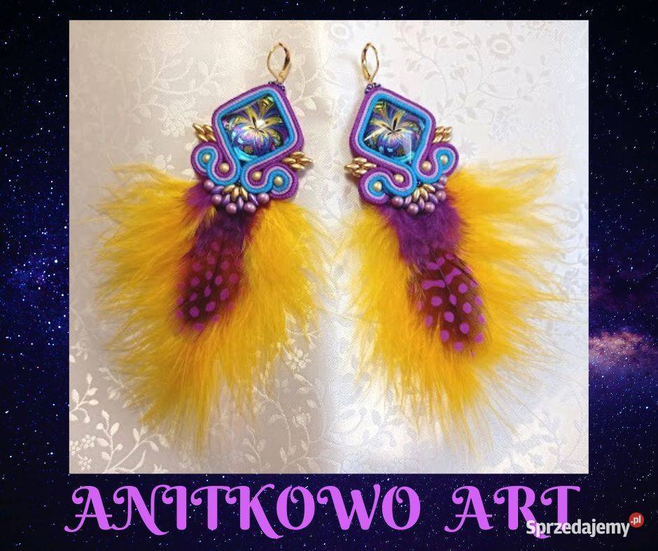 KOLCZYKI Z PIÓRAMI żółtofioletowe SUTASZ Warszawa