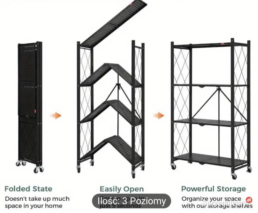 NOWY Składany czarny regał na kółkach 3 poziomy Płock
