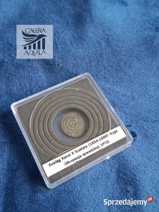 Szeląg miejski Karol X Gustaw Ryga 1655 okupacja Numizmatyka Wejherowo