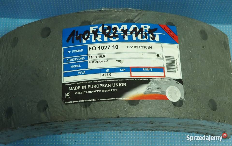 Okładzina hamulcowa 110x100 AUTOSAN H9 Włocławek sprzedam