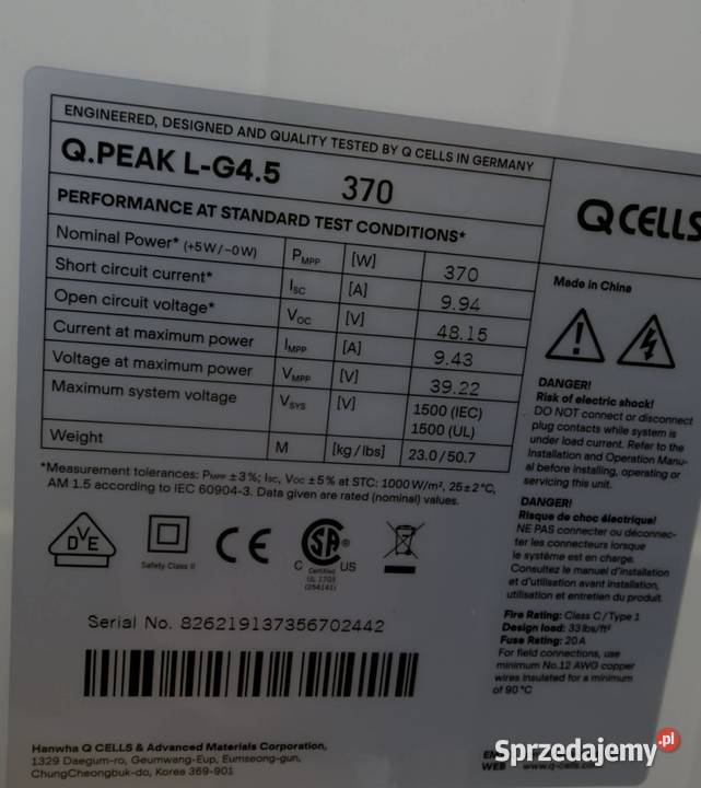 Panel fotowoltaiczny Solarny QCELLS QPeak LG45 Bukowina Tatrzańska