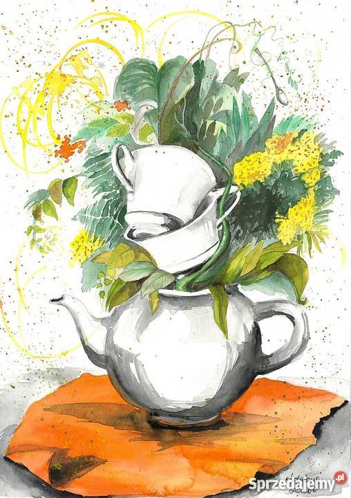 ZIOŁOWA HERBATKA DWOJGA akwarela artystki A Katowice sprzedam