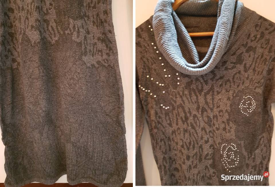 Sukienka tunika sweter wełna golf zdobiony