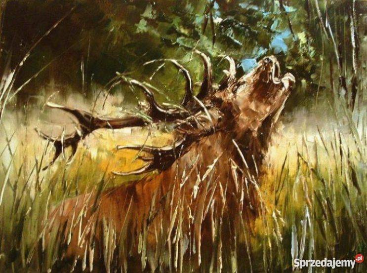 Na rykowisku Obraz olejny szpachla 30x40 jeleń Krosno Odrzańskie