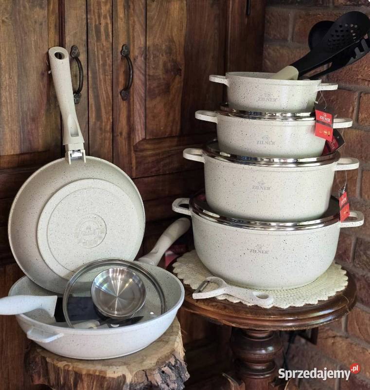 369 Garnki biały marmur 21 elementow Zilner Zabrze sprzedam