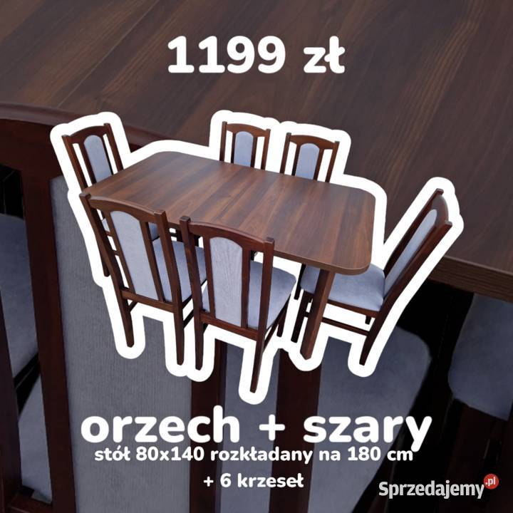 Nowe: Stół 80x140/180 + 6 krzeseł, orzech + szary, dostawaPL