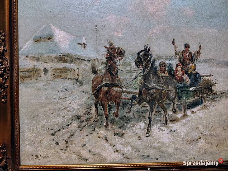 Stary obraz olejny Zimowy Kulig Kartuzy sprzedam