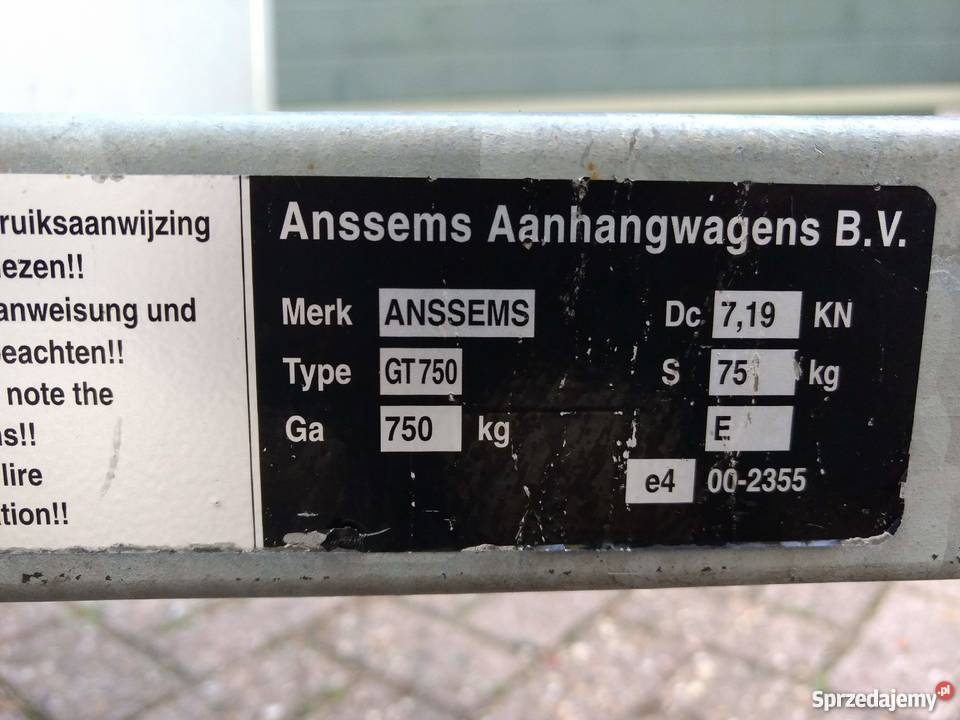 Aluminiowa przyczepa lekka Anssems 750 Rok produkcji 2016 Pęckowo