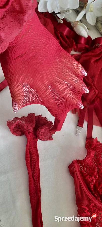 seksowny koronkowy komplet wiśniowy kabaretki Komplety Warszawa