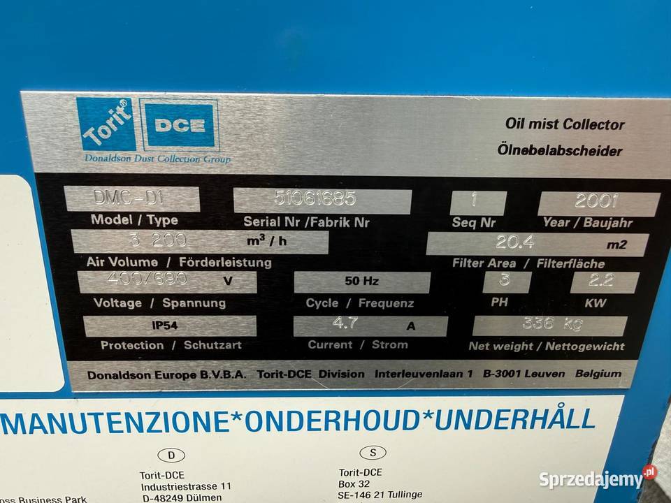 Odciąg mgły olejowej z maszyn CNC Donaldson Zdziechowice sprzedam