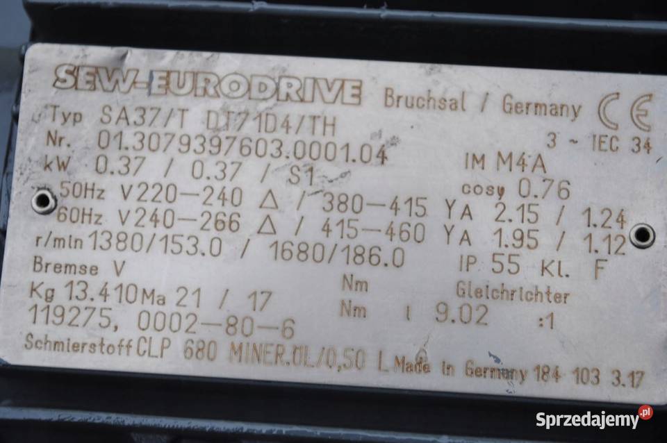 Motoreduktor kątowy 037kw 153obrmin Firmy SEW Pozostałe sprzedam