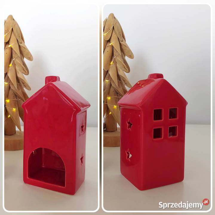2 Świeczniki Domki ceramiczne świąteczne czerwony