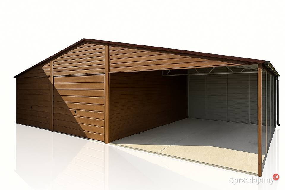 Garaż blaszany 65m z wiatą 5x5m dach dwuspadowy