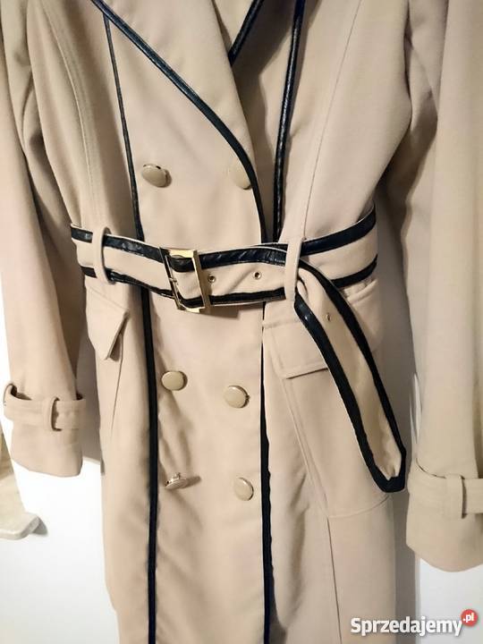 Płaszcz beż lamówki skóra dwurzędowy pagony 38 sprzedam