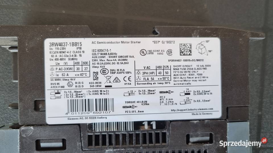Softstart 37kW500V 3RW40371BB15 Uster110230V Pozostałe Karsin