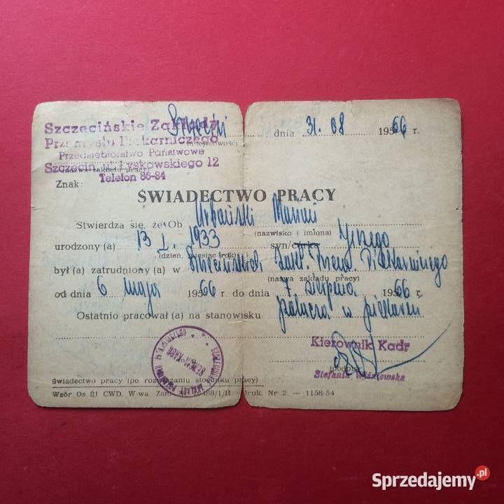 1315 Świadectwo Pracy Urbański zachodniopomorskie