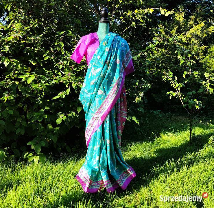 Vintage saree sari róż turkus kwiaty floral Szczecin