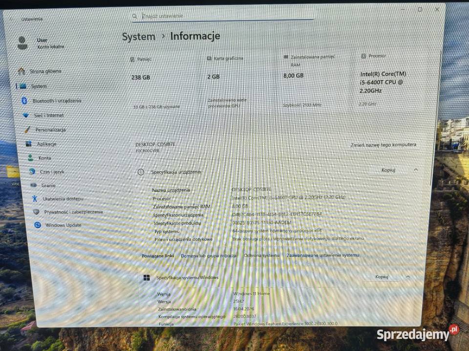 Komputer Lenovo AiO 51022ish i58GB256GB Taktowanie procesora 2200 Wieliczka sprzedam
