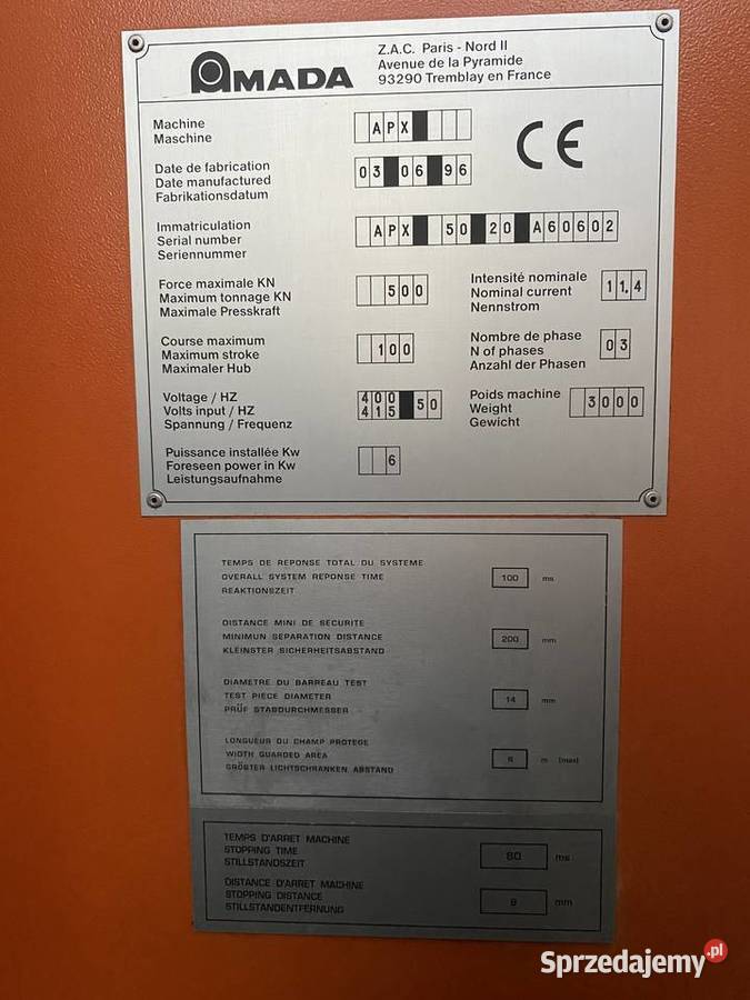 Prasa krawędziowa AMADA CNC APX 5020 kujawsko-pomorskie Lubicz Górny