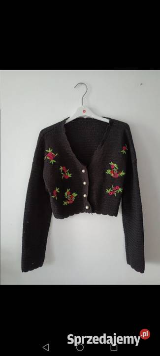 Sweterek krótki długie rękawy czarny haftowane kolorowy Krosno