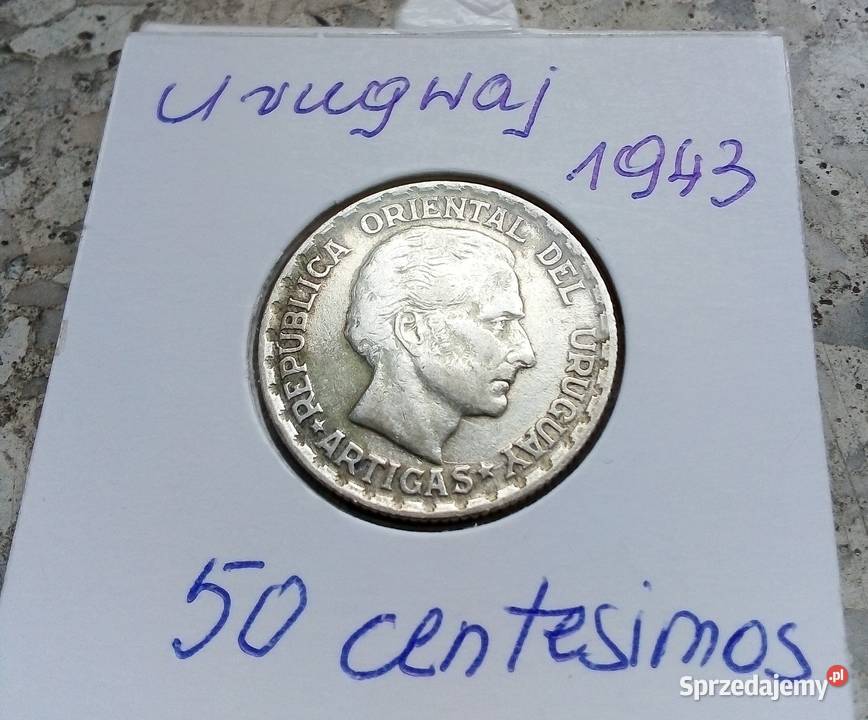 URUGWAJ 50 CENTESIMOS 1943 rSREBRO 90700 ARTIGAS Numizmatyka Legionowo