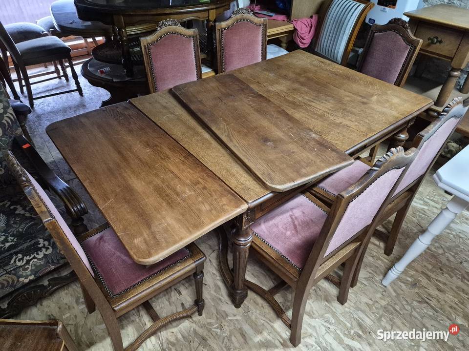 Stary solidny stół z 6 krzesłami przedwojenny 76cm