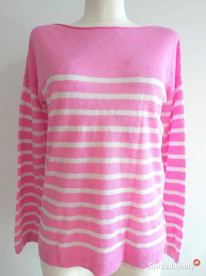 Sweter Lniany 100 Len Modne Paski Różowy Bluzka Łomża