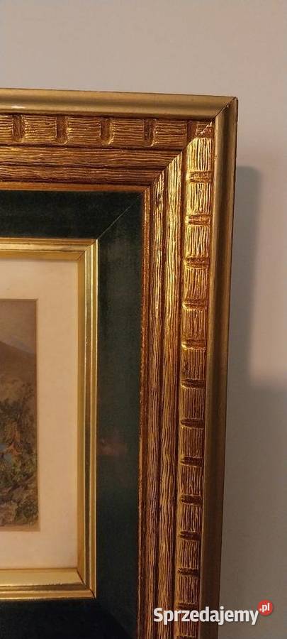 Obraz pejzażowy w bogatej złoconej ramie styl żółty Dom i Ogród