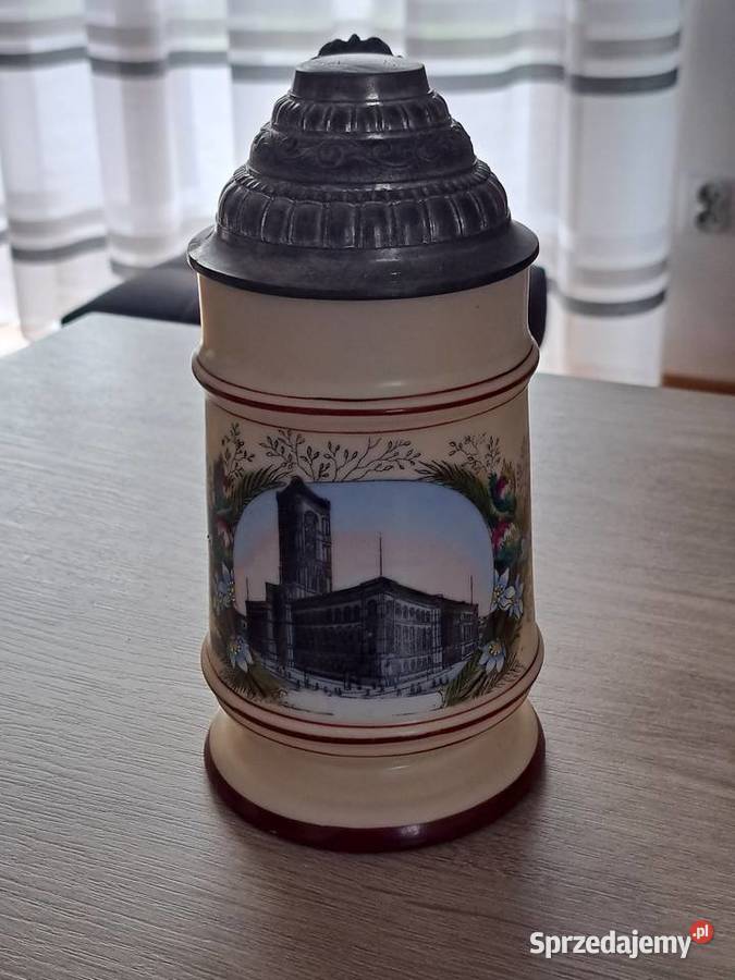 Stary Ceramiczny Kufel do Piwa pół litrowy z beżowy