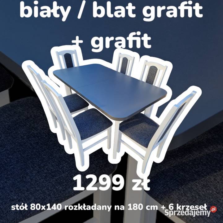 Nowe: Stół 80x140/180 + 6 krzeseł,biały/blat grafit + gratit