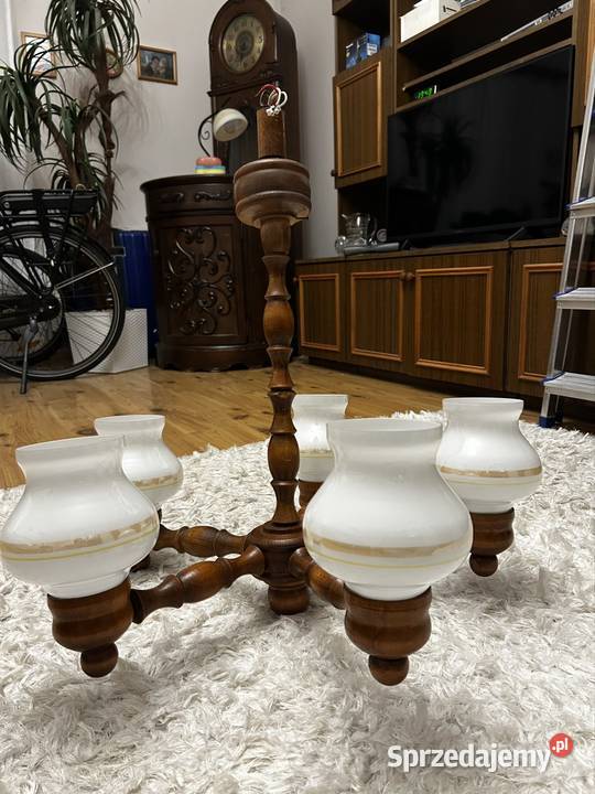 Żyrandol drewniany pięcioramienny PRL Plewiska