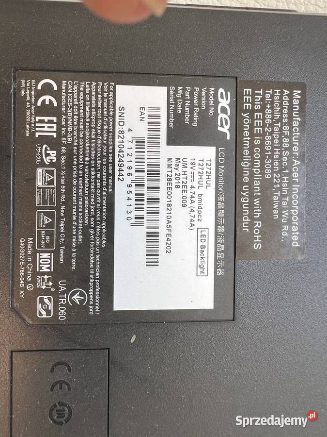 Acer T272HUL monitor dotykowy 27 WQHD 2560x1440 mazowieckie Warszawa sprzedam