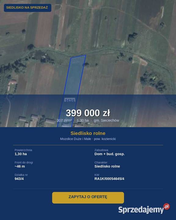 Działka siedliskowa z domem 130 ha Mozolice Duże