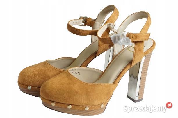 39 Zamszowe czółenka obcas 12 koniak Sole Diva tkanina śląskie Gaszowice