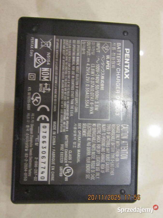 Oryginalna ładowarka Pentax Battery Charger
