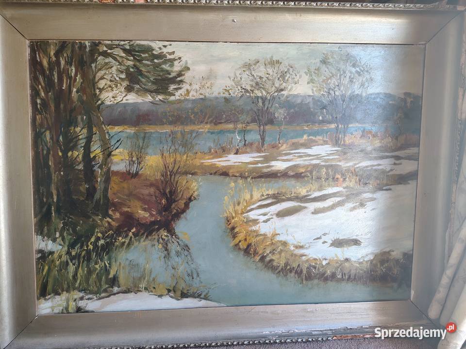 Stary obraz olejny Zima Kartuzy
