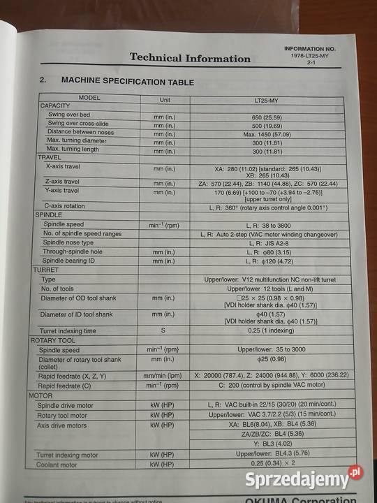 Sprzedam 8 osiowa CNC tokarke OKUMA LT 25MY z Chochołów sprzedam